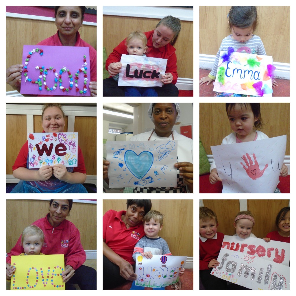 Kids Inc Nursery nurses and children collage of paintings
